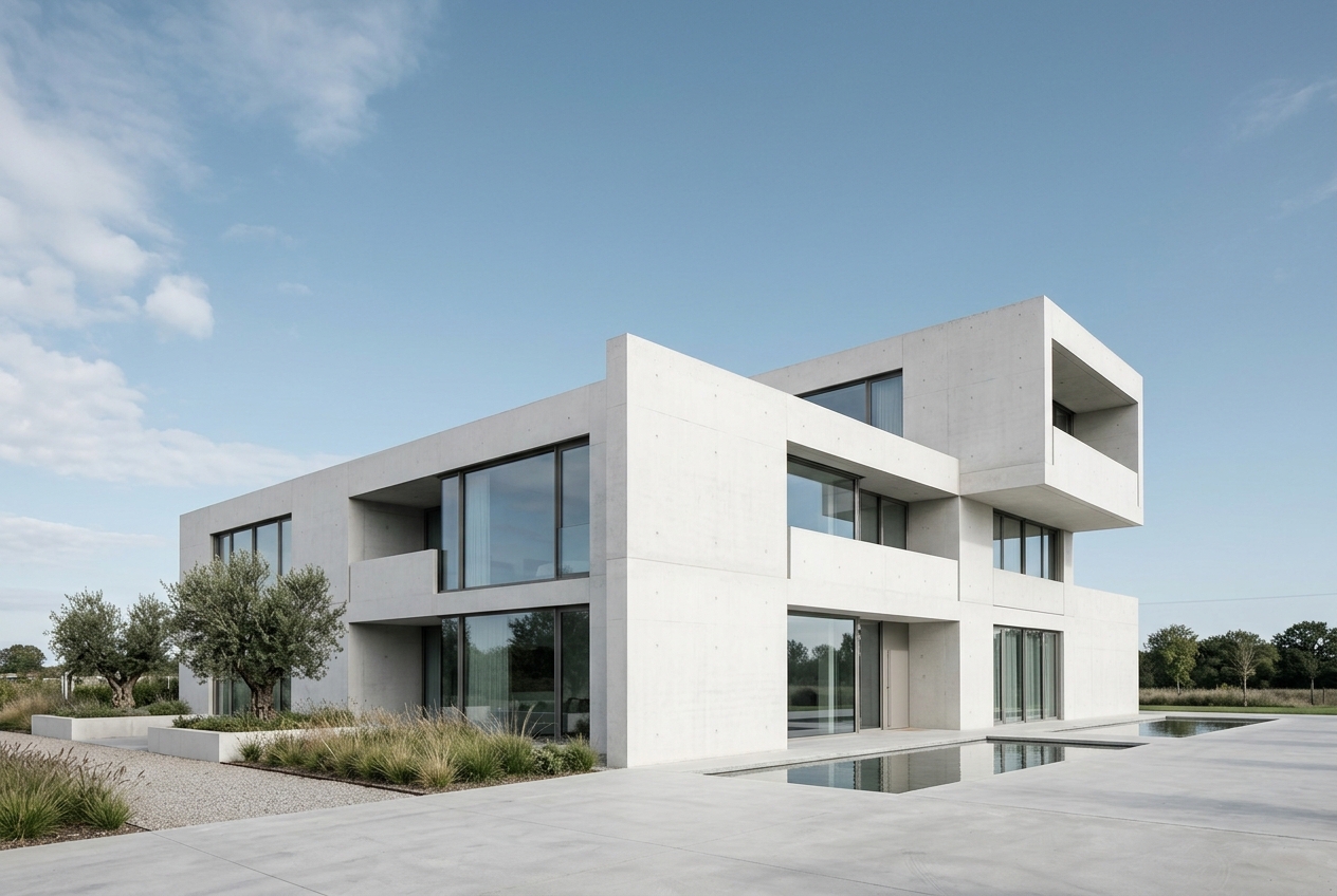 Heller Sichtbeton: gleichmäßige, aufgehellte Oberflächen betonen die architektonische Wirkung.